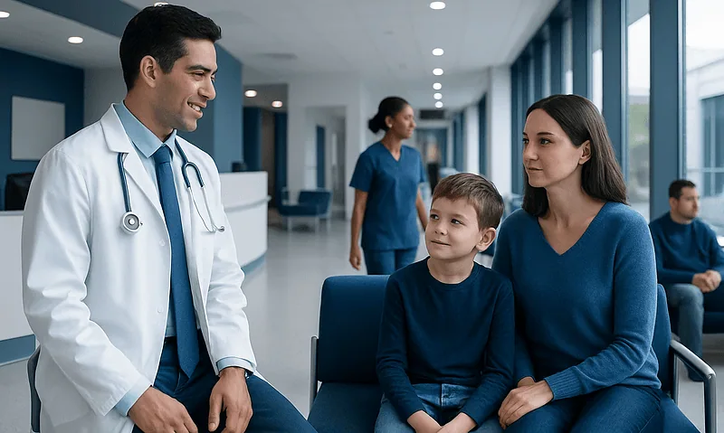 Doctor talking to a mother and son in a hospital waiting area.
