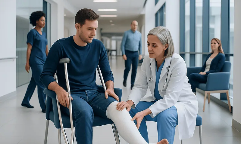 Patient with leg injury receiving medical assessment at hospital.