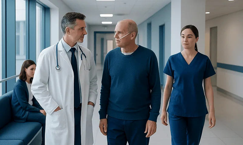 Doctor consulting with a patient in a hospital corridor with nurse in background.
