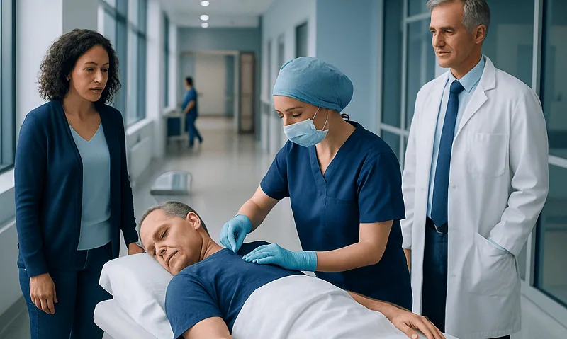 Patient receiving skin cancer melanoma surgery in hospital corridor.