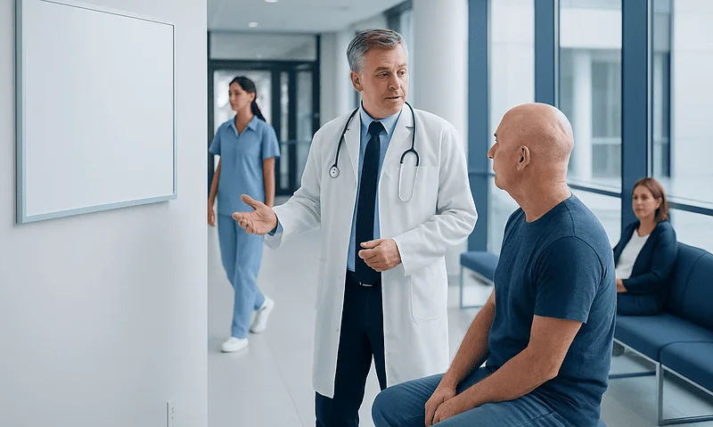 Doctor consulting with a patient in a modern hospital corridor.