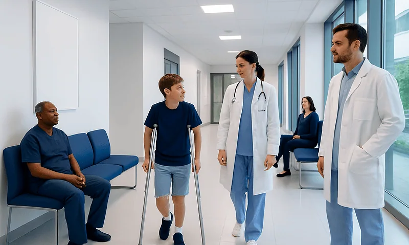 Medical team consulting with a young patient in hospital corridor.