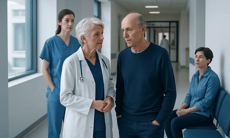 Doctor discussing treatment options with a patient in hospital corridor.