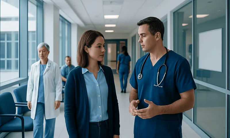 Medical professionals discussing patient care in hospital corridor.