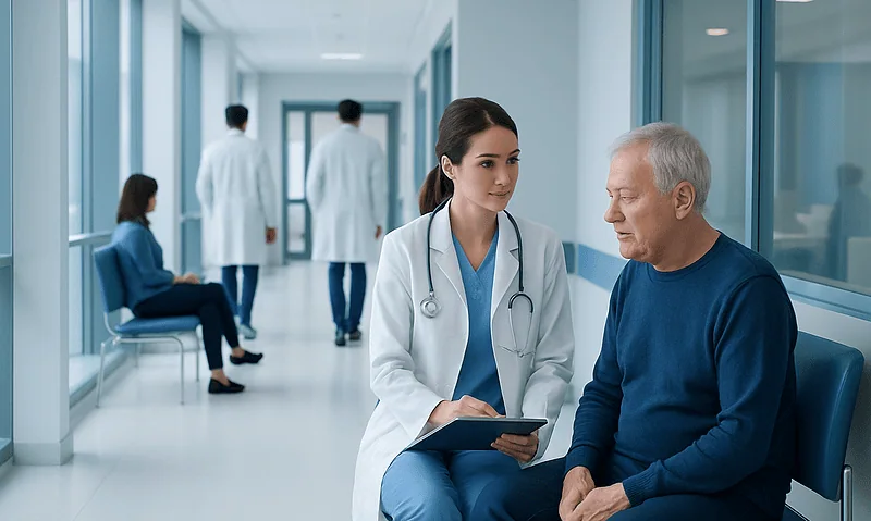Doctor consulting with senior male patient in hospital corridor.