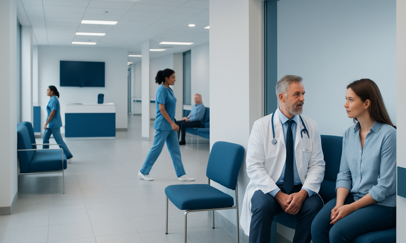 Medical consultation in a modern hospital corridor with healthcare professionals and patients.