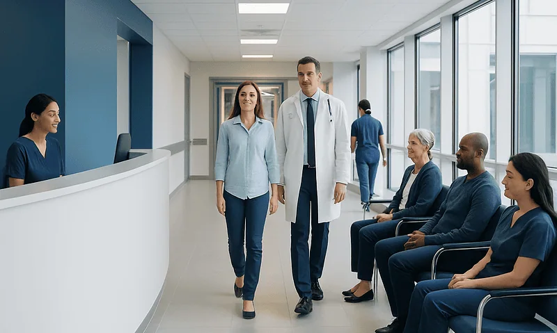 Medical professionals and patients in a hospital corridor at Acibadem Hospitals Group.