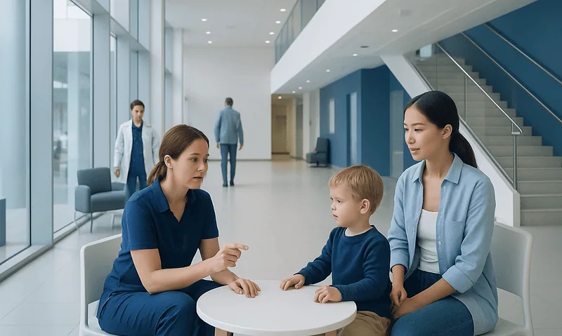 Speech and Language Therapy for 2 Year Olds: How It Works, Results and What to Expect 5 Child receiving speech therapy at Acibadem Hospital with therapist and mother present.