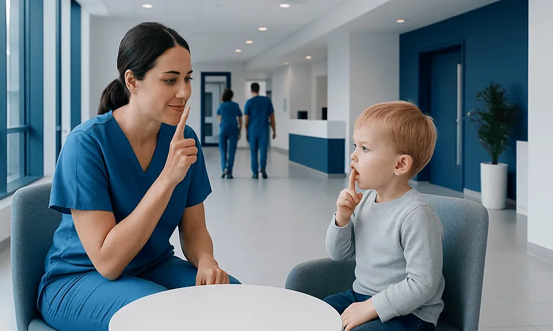 Speech therapist and young boy during a therapy session at Acibadem Hospital.