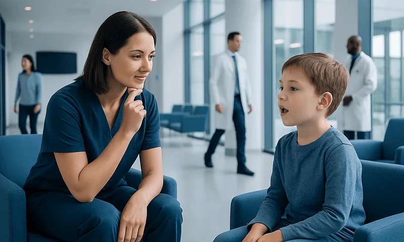 Child in speech therapy session with healthcare professional at Acibadem Hospital.
