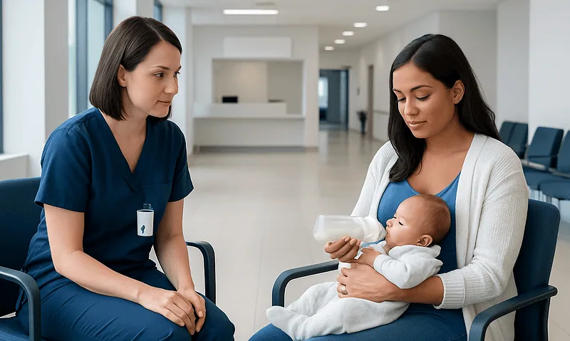 Speech Therapy for Infant Feeding: How It Works, Results and What to Expect 5 Infant feeding consultation at a hospital with a healthcare professional and mother.