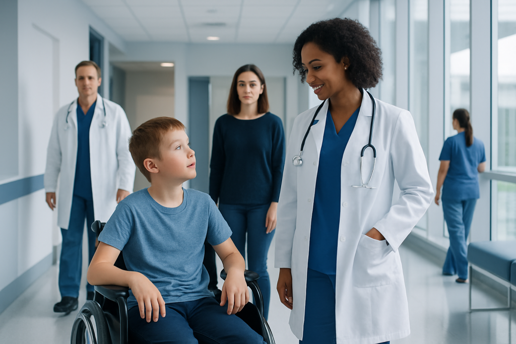 Spina Bifida Treatment: How It Works, Results and What to Expect 1 Medical team consulting with a young patient in hospital corridor.