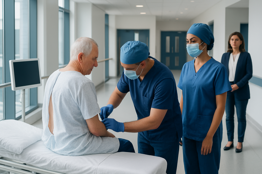 Spinal Anaesthesia for Knee Replacement: Procedure, Recovery and Results 1 Nurse preparing patient for spinal anesthesia in hospital room.