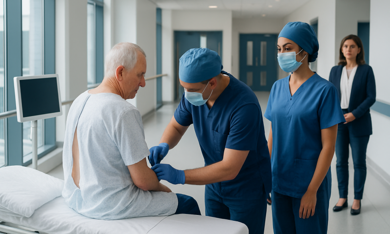 Nurse preparing patient for spinal anesthesia in hospital room.