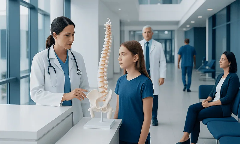 Doctor explaining spinal anatomy to a young patient in a hospital corridor.