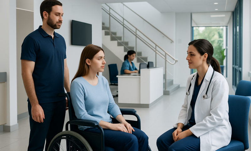 Medical consultation with a female doctor and a patient in a wheelchair at a hospital.