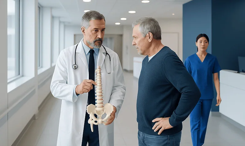 Doctor explaining spinal anatomy to a patient in a hospital corridor.