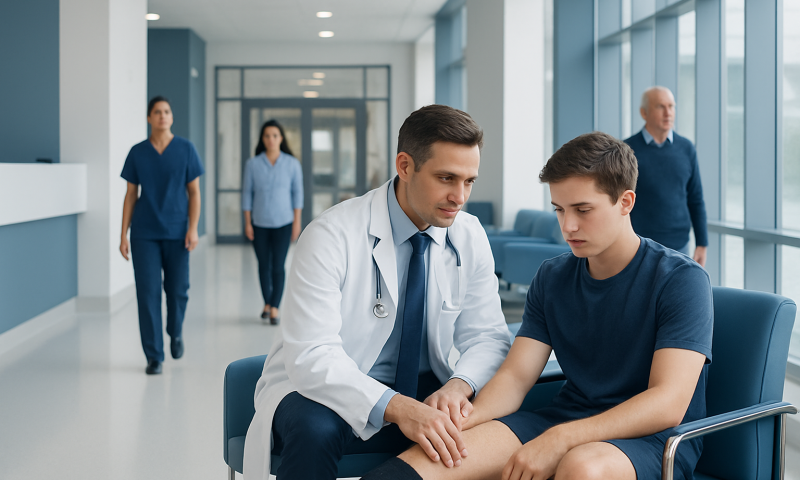 Doctor examining patient's knee in hospital corridor.