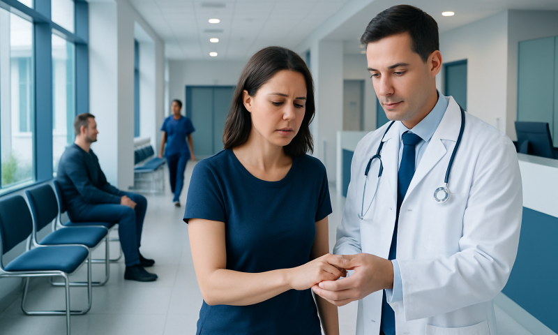 Doctor examining a patient's wrist in a hospital corridor.