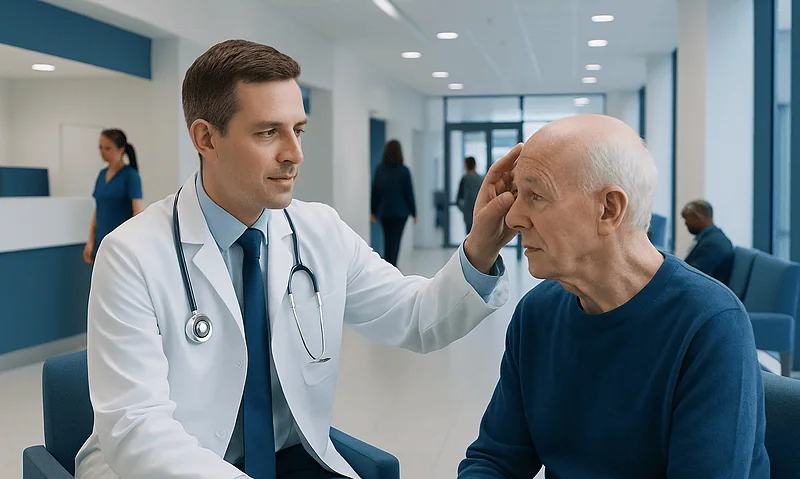 Doctor examining elderly patient's head in hospital setting.