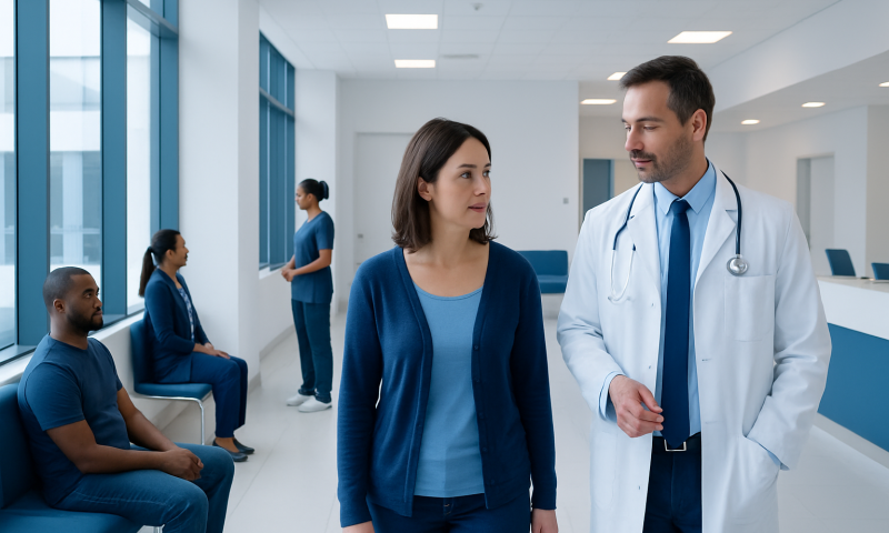 Doctor consulting patient in hospital corridor with waiting patients nearby.