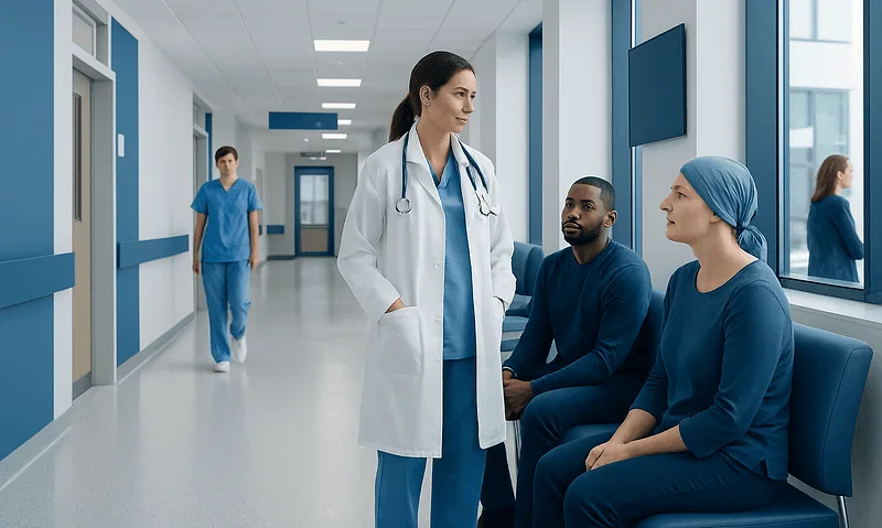 Medical team consulting with a patient in hospital corridor.