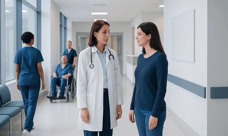 Healthcare professionals and patients in a hospital corridor at Acibadem Hospitals Group.