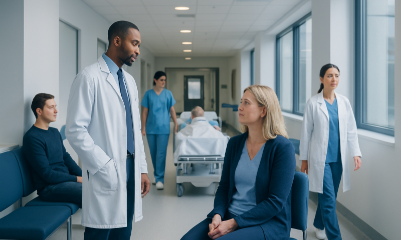 Medical team consulting patient in hospital corridor at Acibadem Hospitals.
