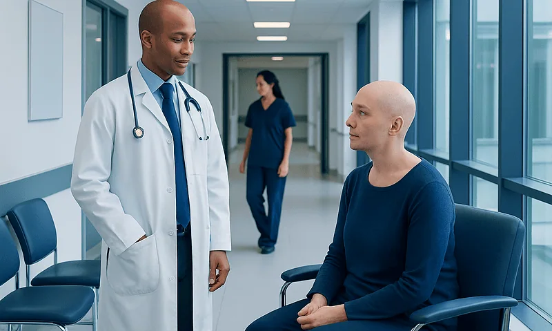 Doctor talking to a patient in a hospital corridor with a nurse in the background.