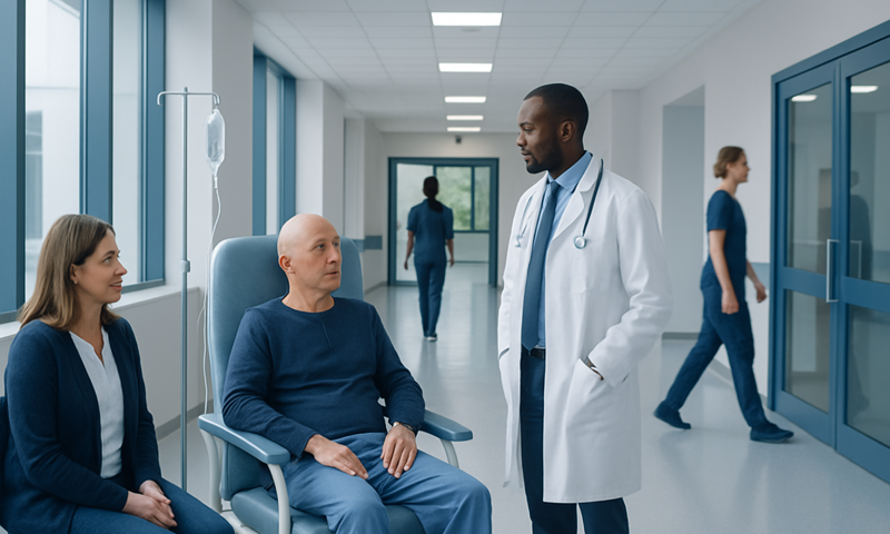 Doctor consulting with patient and visitor in hospital corridor.