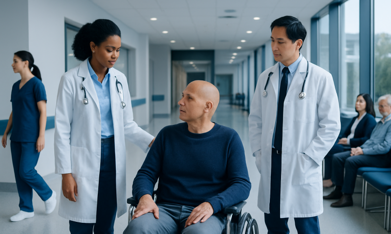 Hospital staff consulting with a patient in a wheelchair in a modern corridor.