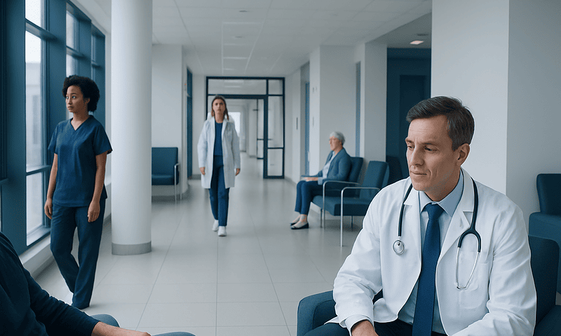 Doctor consulting patient in hospital corridor with staff and waiting area.