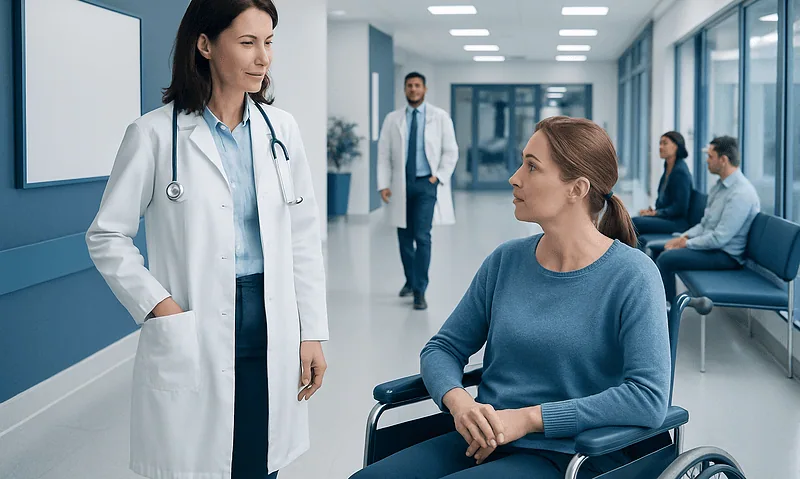 Doctor talking to patient in hospital corridor with other patients in background.