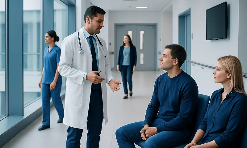 Doctor consulting male patient in hospital corridor with nurses in background.
