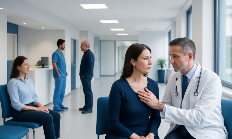 Doctor consulting a woman in a hospital corridor with other patients nearby.