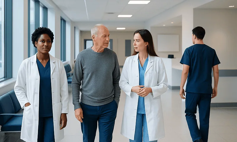 Medical team discussing patient care in hospital corridor.