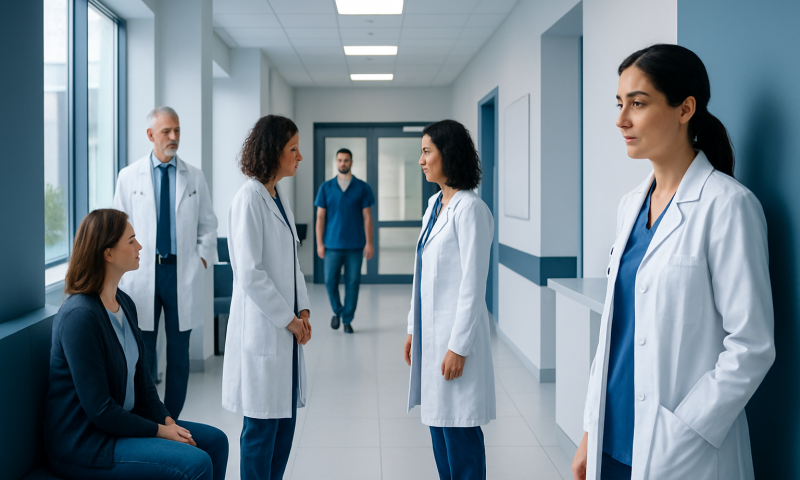 Medical team discussing patient care in hospital corridor.