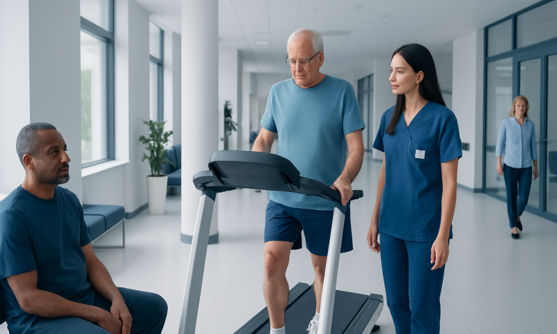 Elderly man walking on treadmill with healthcare professional supervising.