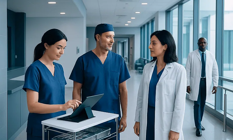 Medical team discussing patient care in hospital corridor.