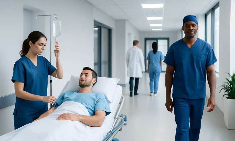 Hospital staff caring for patient in a modern medical facility.