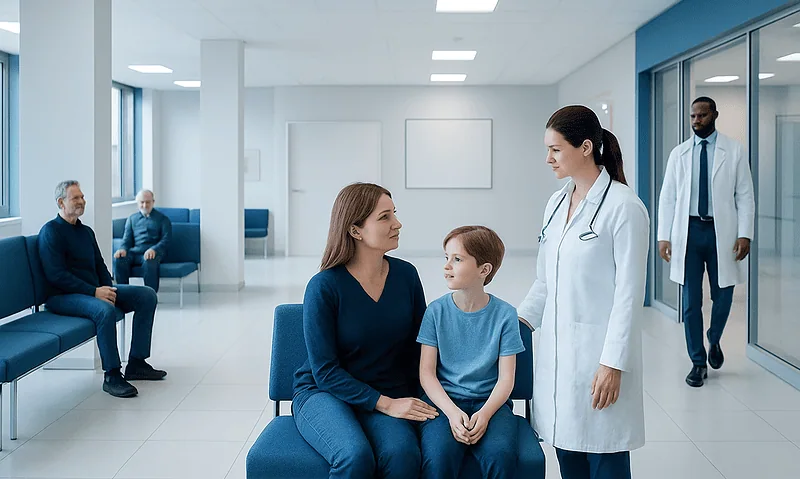 Doctor consulting with a young patient and parent in a hospital waiting area.