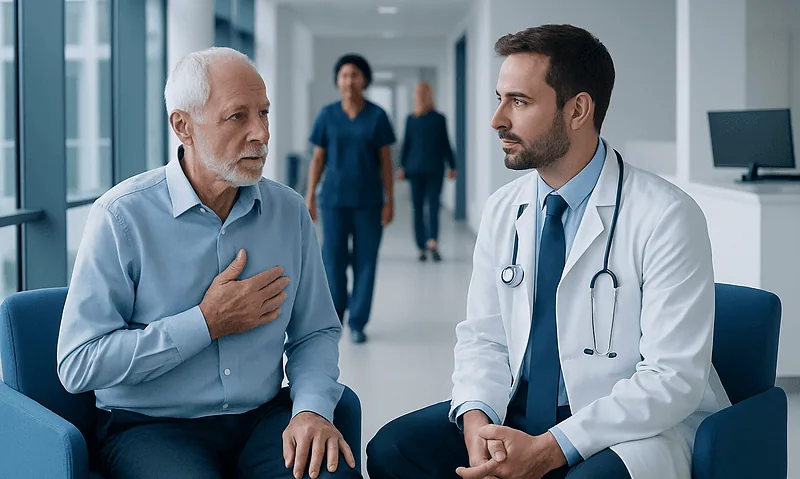 Doctor consulting with elderly patient in hospital corridor.
