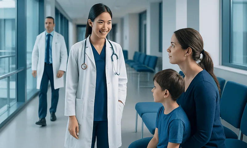 Doctor talking to mother and son in hospital corridor.