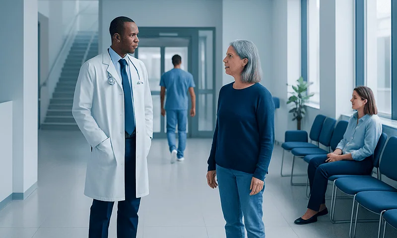 Doctor talking to a patient in a hospital corridor with waiting area.