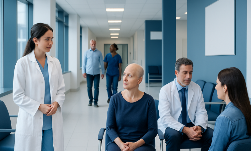 Medical consultation with cancer patient in hospital corridor.