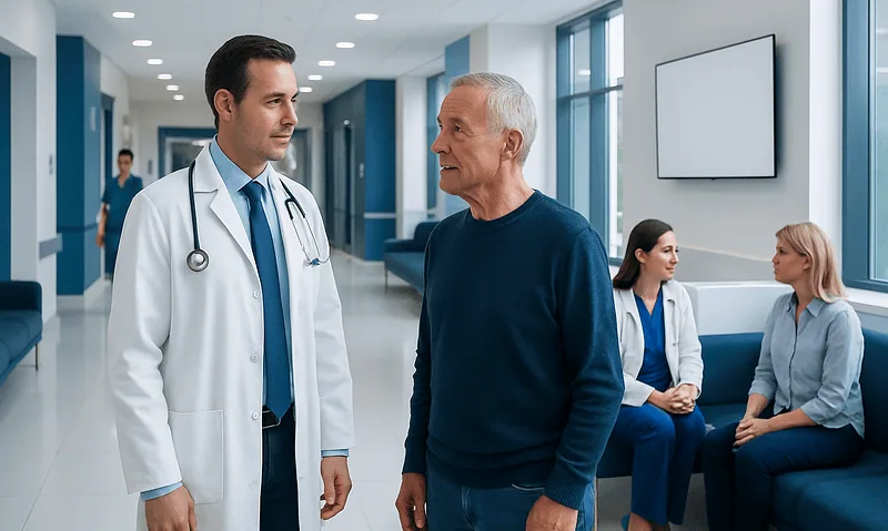 Doctor consulting with an elderly patient in a hospital corridor.