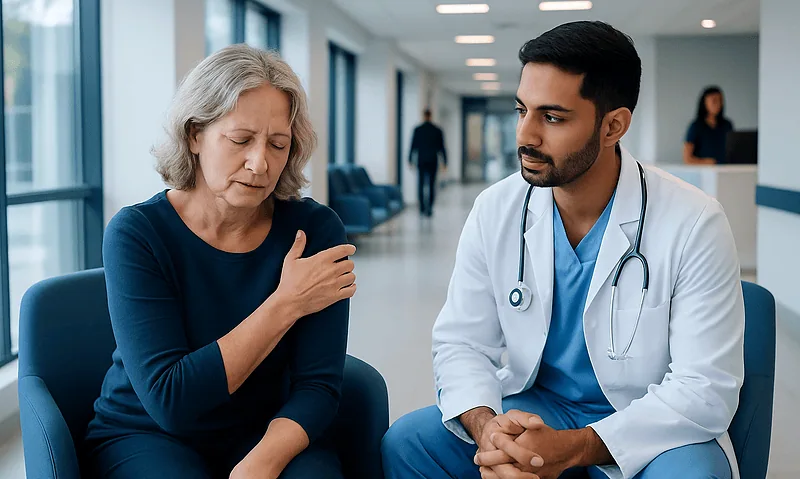 Doctor consulting with an elderly woman about shoulder pain treatment.