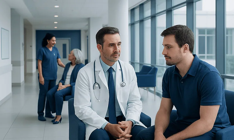 Doctor consulting with a patient in a hospital corridor.