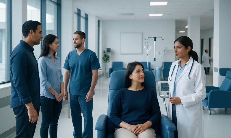 Patient in hospital with medical staff in a modern healthcare facility.