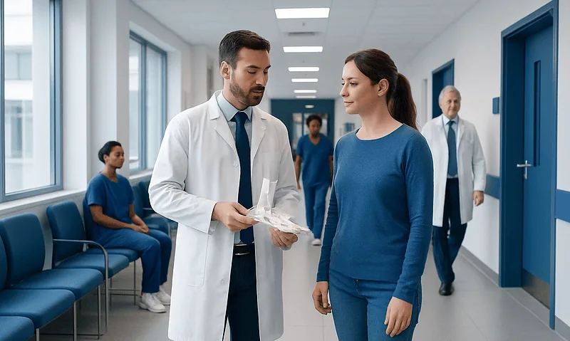 Doctor consulting female patient in hospital corridor with waiting area.